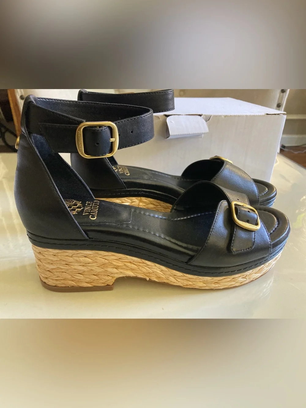 Vince Camuto Black Leather Ankle-Strap Wedge Sandals with Gold Buckles
